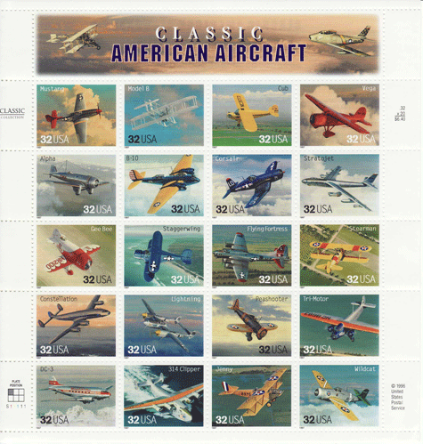 Classic American Aircraft stamp sheet -- Airplanes, #3142!-T