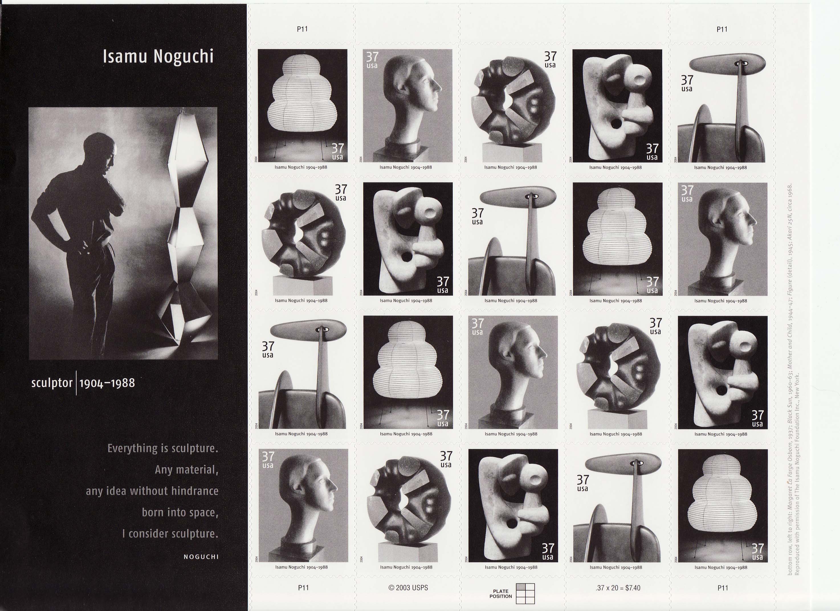 Isamu Noguchi stamp sheet -- Art, #3857-3861