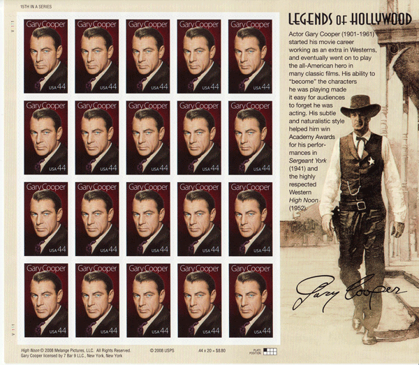 Gary Cooper stamp sheet -- Legends of Hollywood
