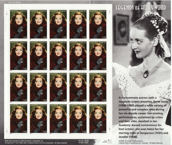 Bette Davis stamp sheet -- Legends of Hollywood