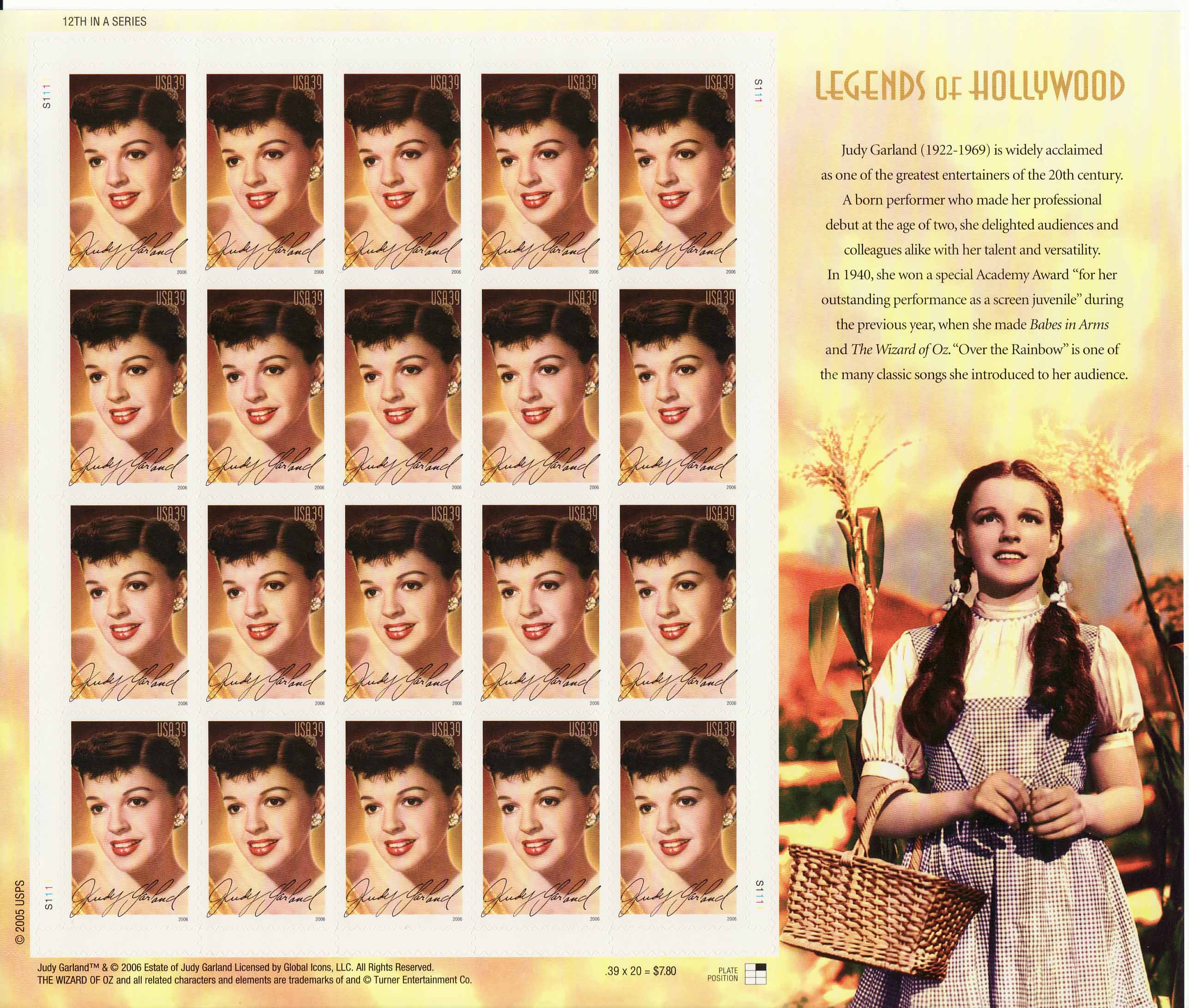 Judy Garland stamp sheet -- Legends of Hollywood