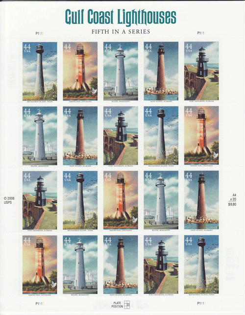 Gulf Coast Lighthouses stamp sheet