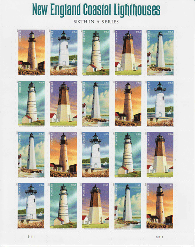 New England Coastal Lighthouses stamp sheet, #4791-5 Forever