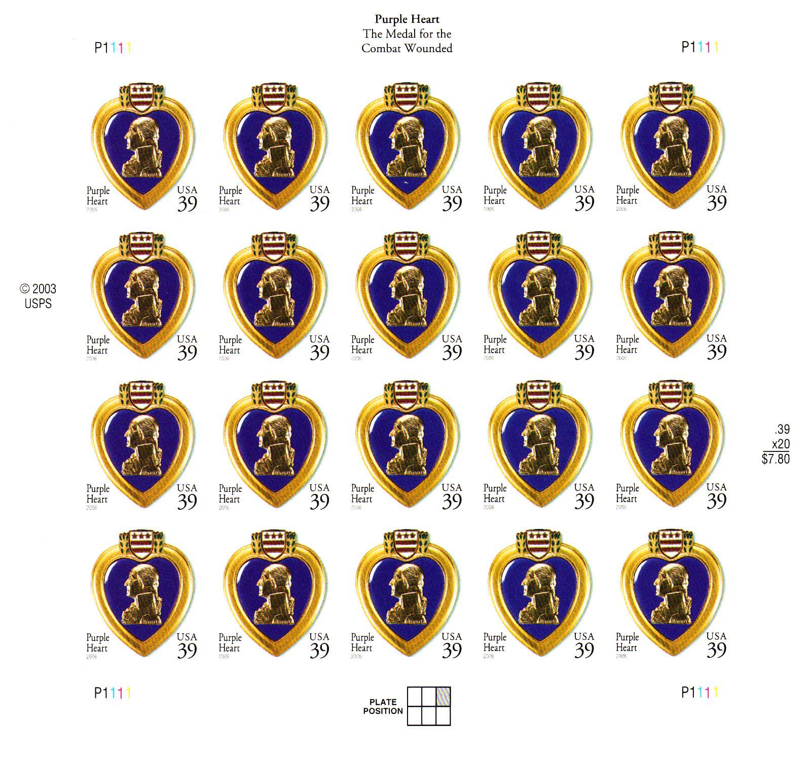 Military Purple Heart stamp sheet, 39 cent